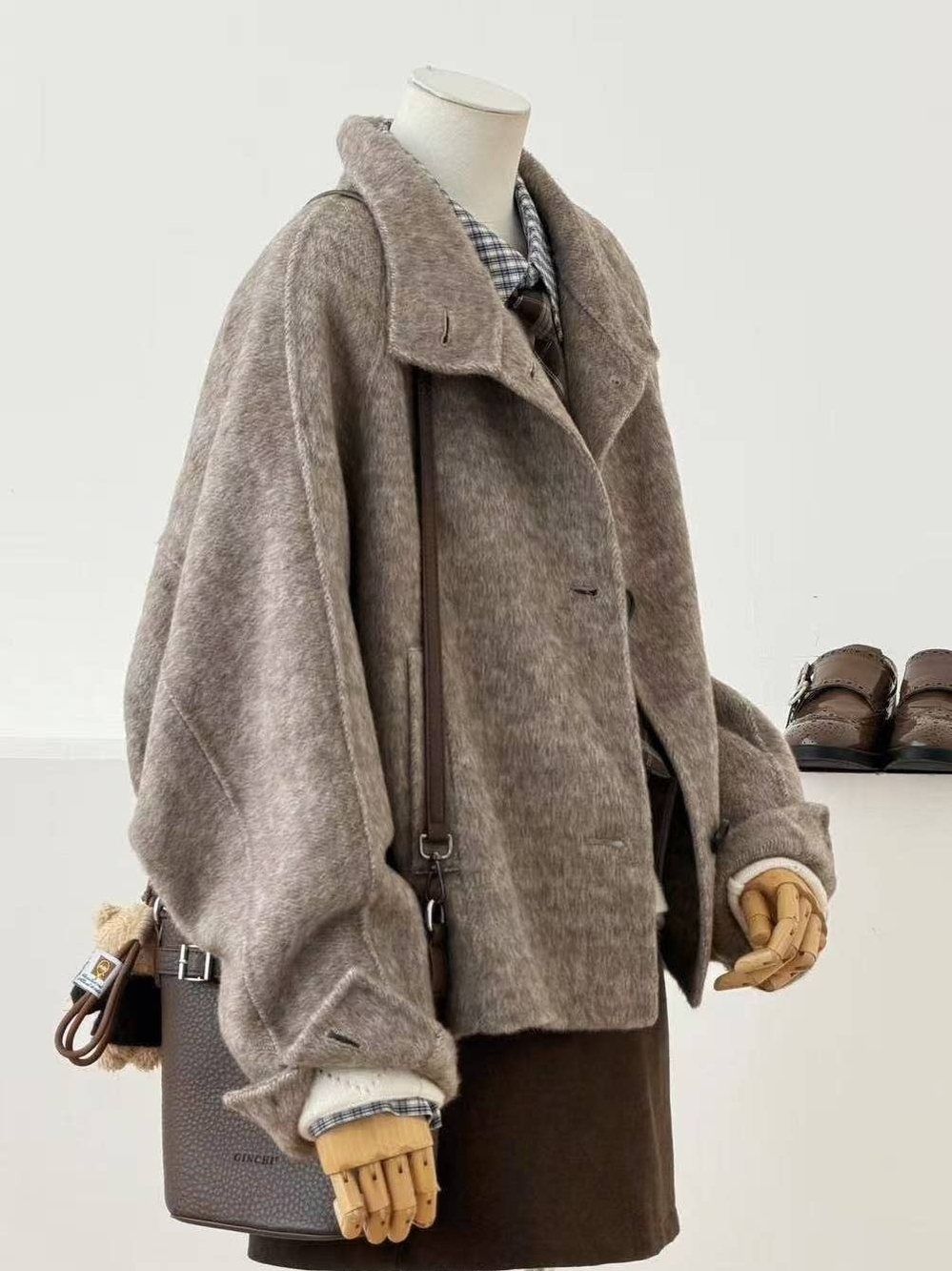 Men's Taupe Wool-Blend Oversized Jacket